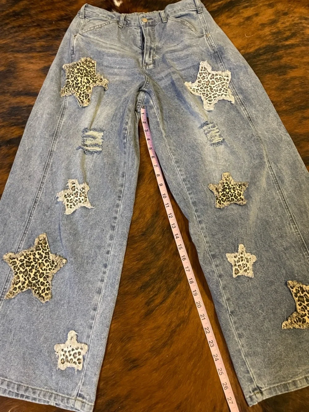 Blue Velvet Relaxed Fit Denim Jeans, Leopard Star Patches, Light Denim, Large - Picture 7 of 7